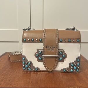 Prada Cahier | Bianca/Caramel City Calf Leather Studded Folk Cahier Bag